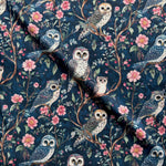 Moon garden owl floral satin fabric close-up texture detail