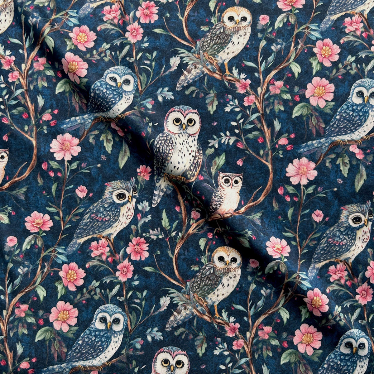 Moon garden owl floral satin fabric close-up texture detail