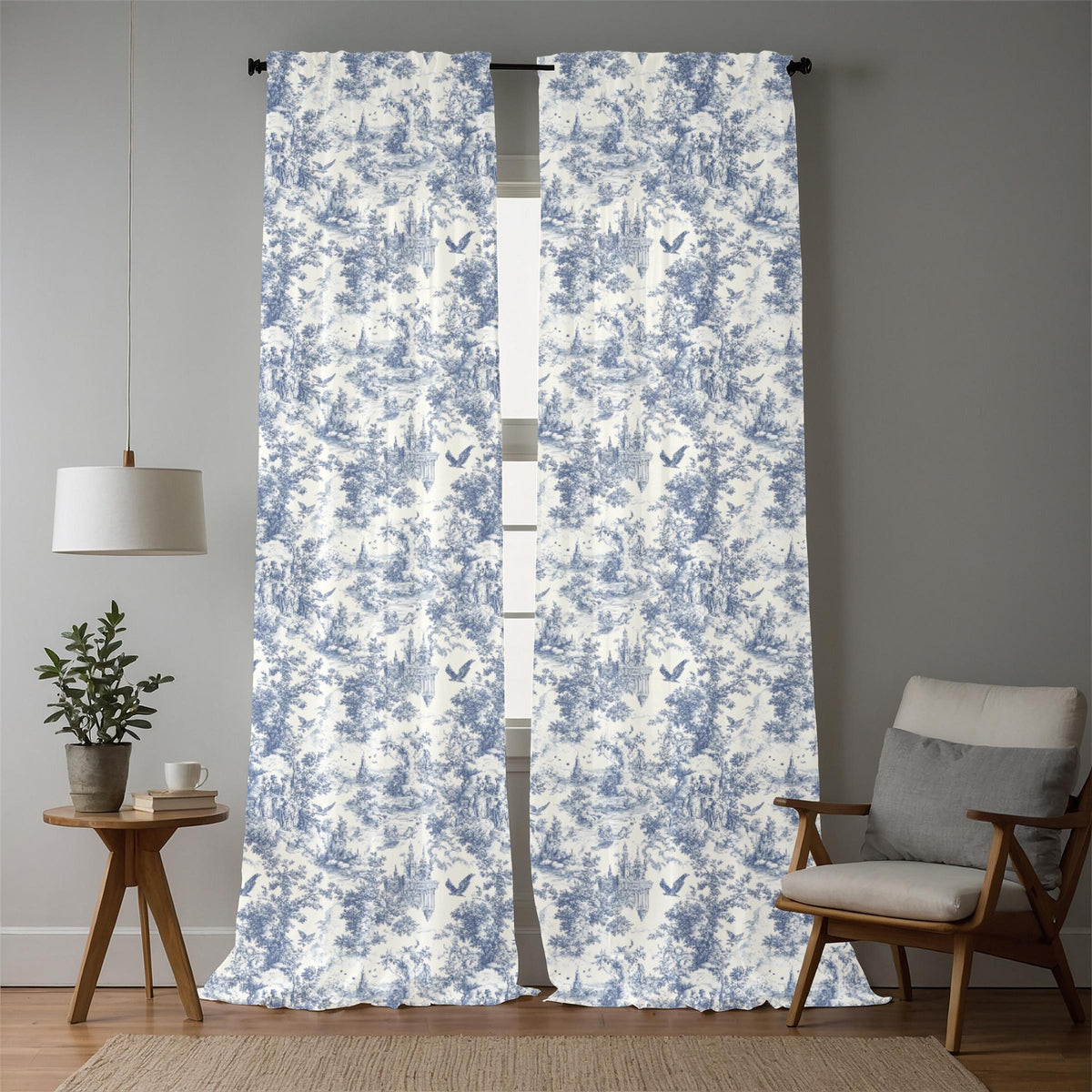 Red french country garden toile fabric draped view