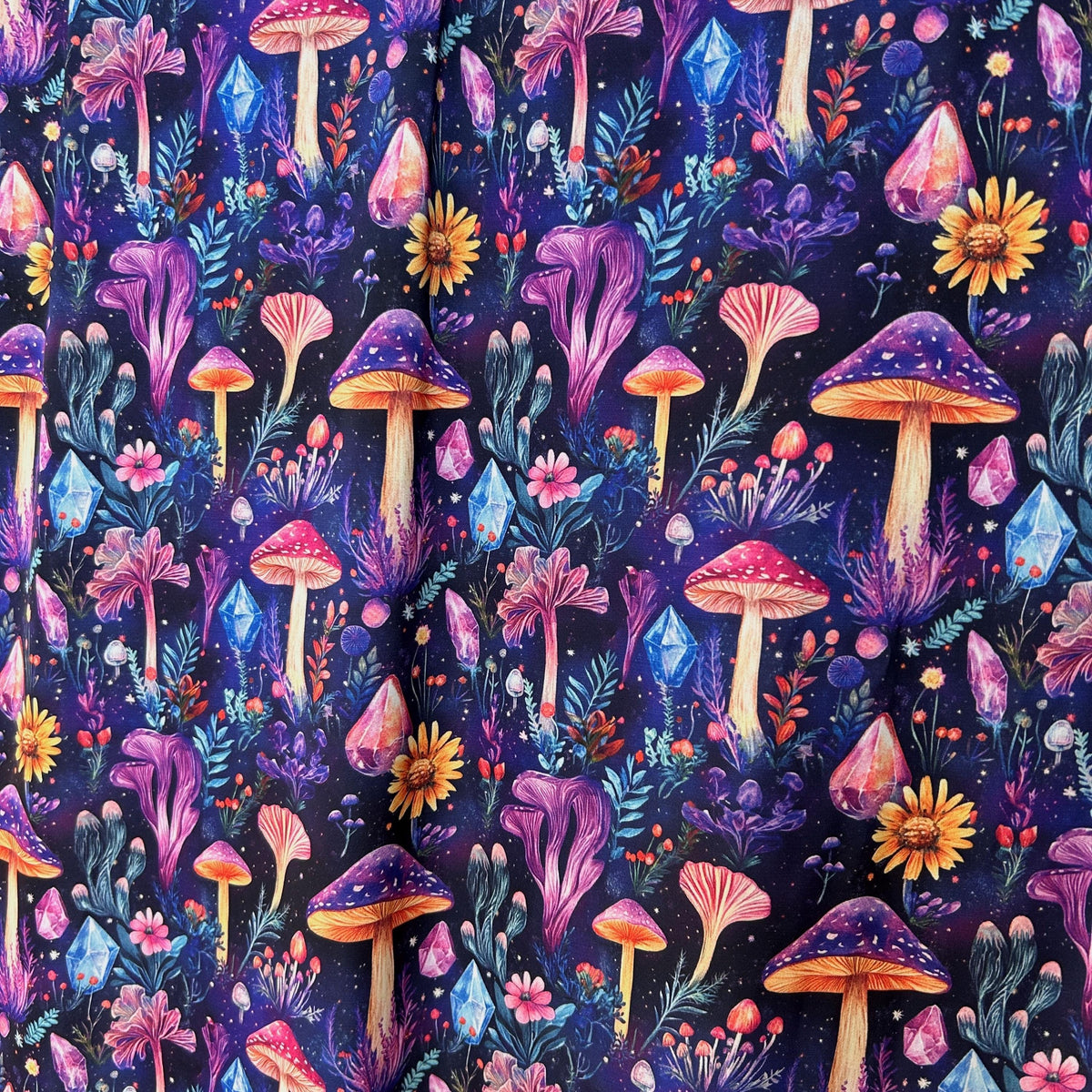 Mushroom crystal botanical fabric flat lay view