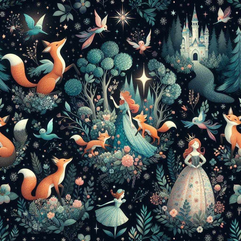 Fairytale forest princess and fox fabric