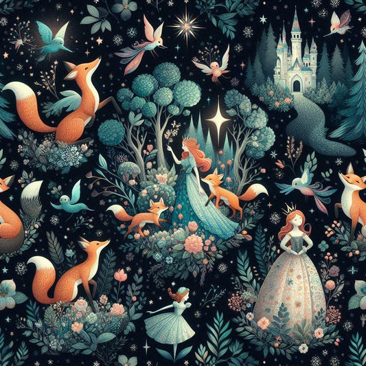 Fairytale forest princess and fox fabric
