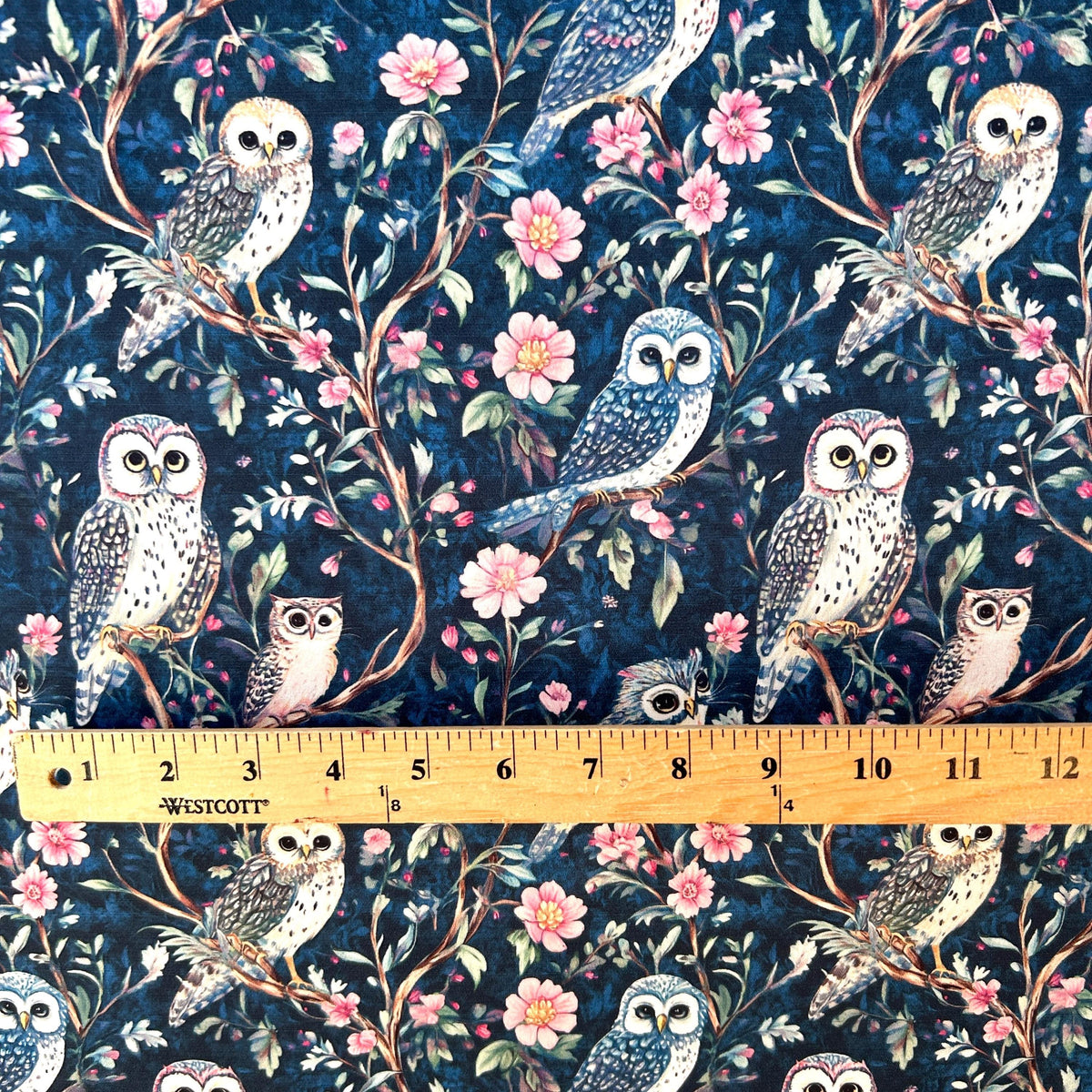 Moon garden owl floral satin fabric detail view
