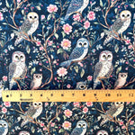 Moon garden owl floral satin fabric detail view