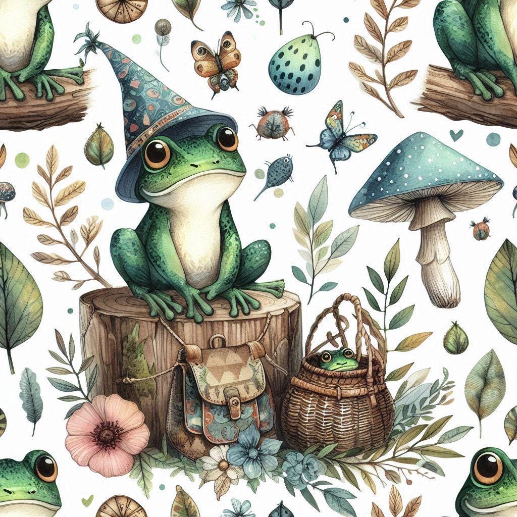 Whimsical frog woodland fabric close-up texture detail