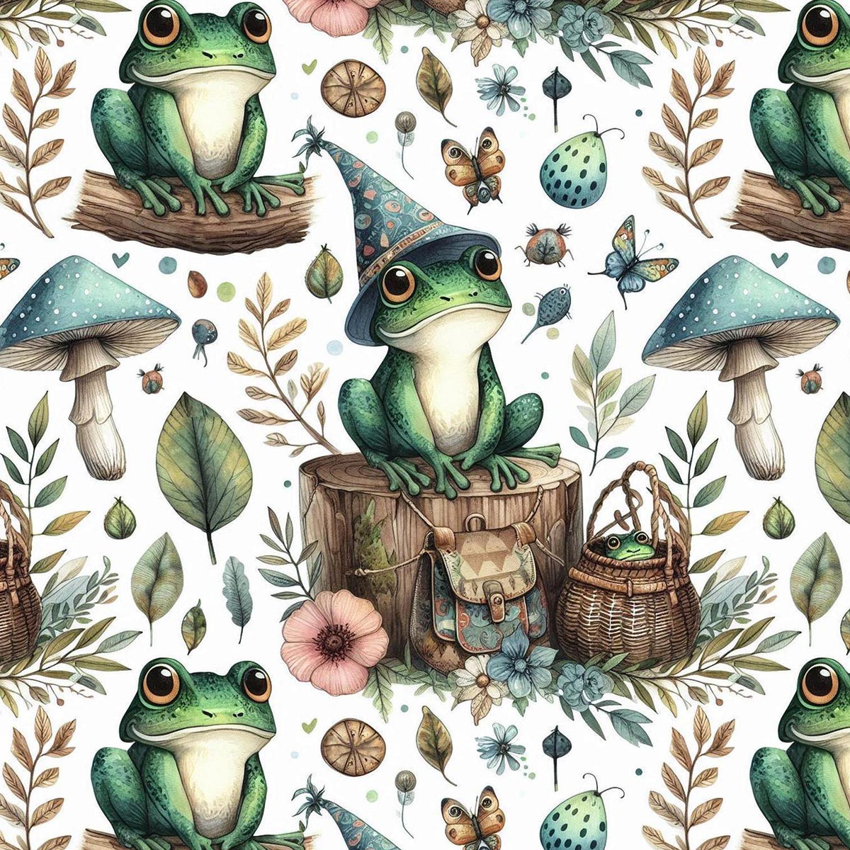 Whimsical frog woodland fabric