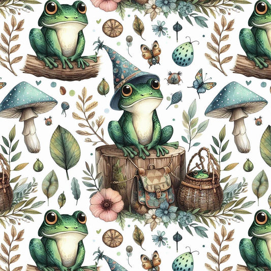 Whimsical frog woodland fabric