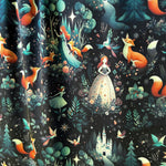 Fairytale forest princess and fox fabric close-up texture detail