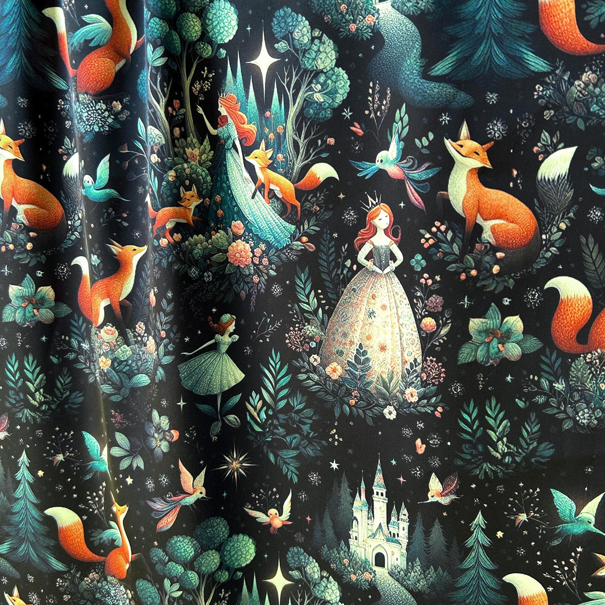Fairytale forest princess and fox fabric close-up texture detail