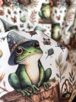 Whimsical frog woodland fabric detail view