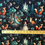 Fairytale forest princess and fox fabric flat lay view