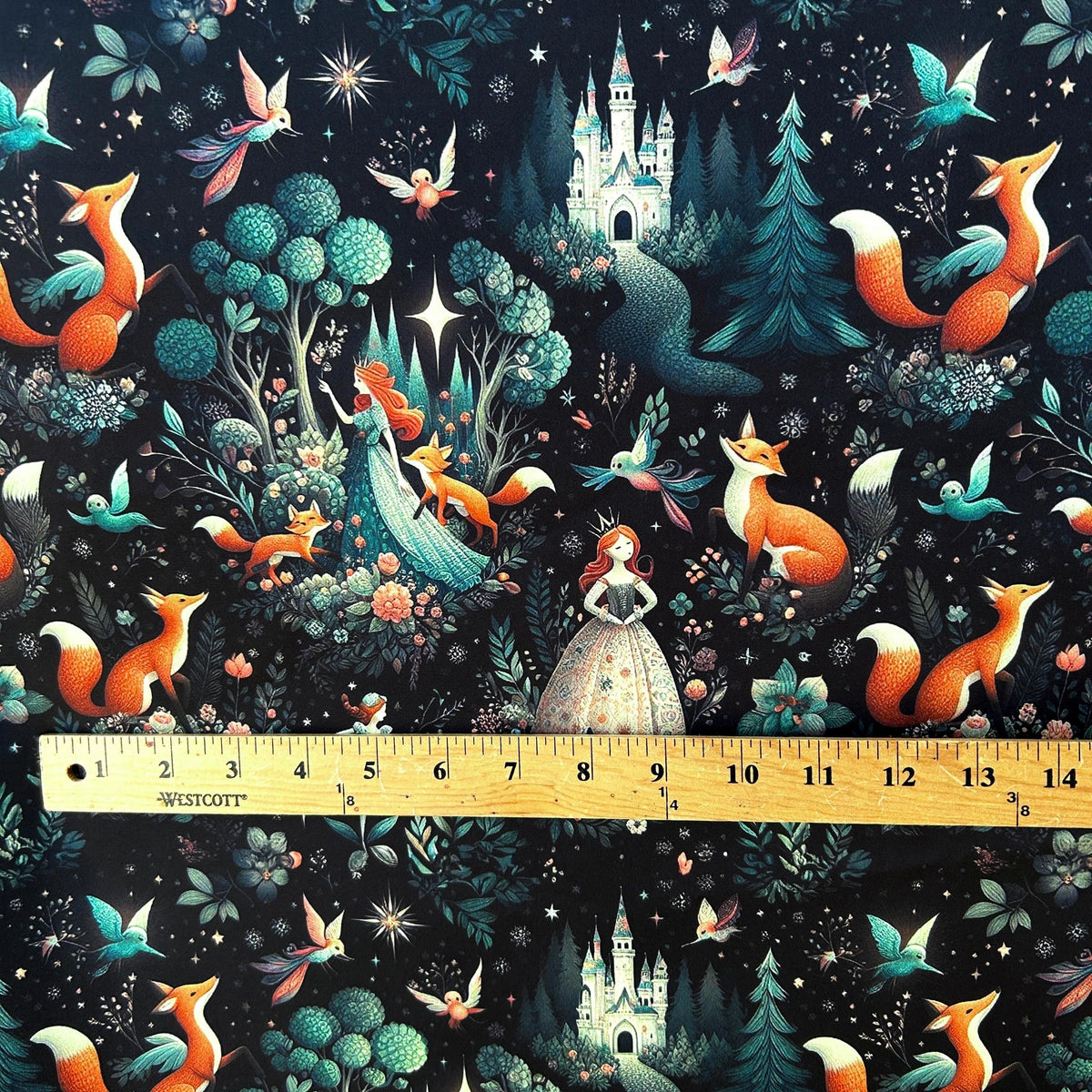 Fairytale forest princess and fox fabric flat lay view