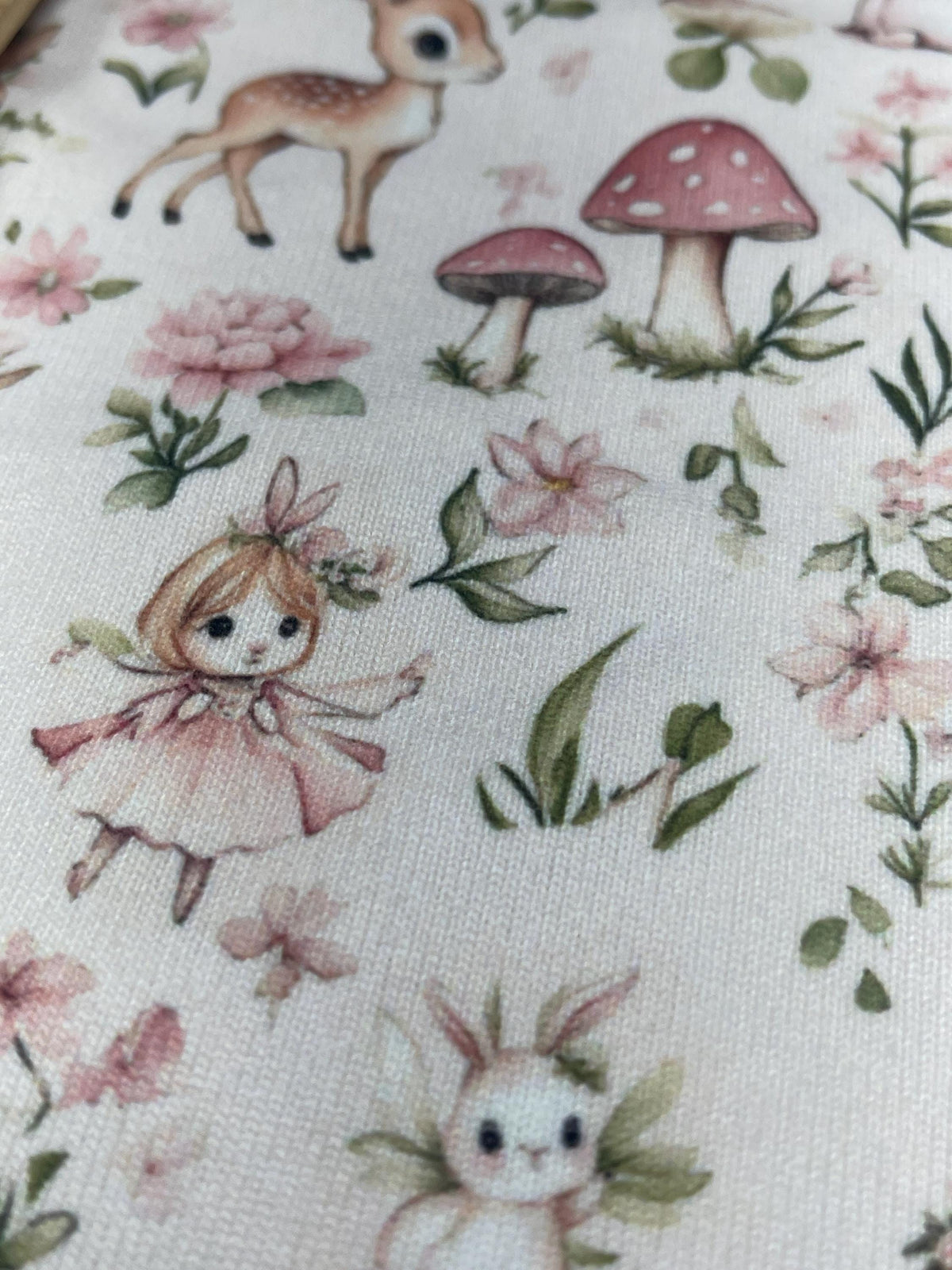 Whimsical woodland fairy tale fabric detail view