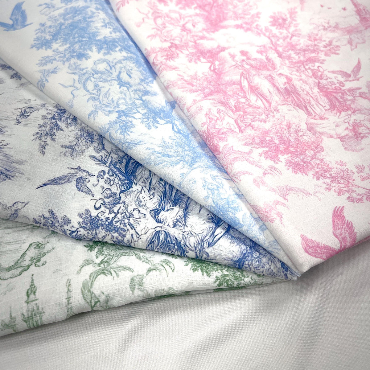 French blue english garden toile fabric close-up texture detail