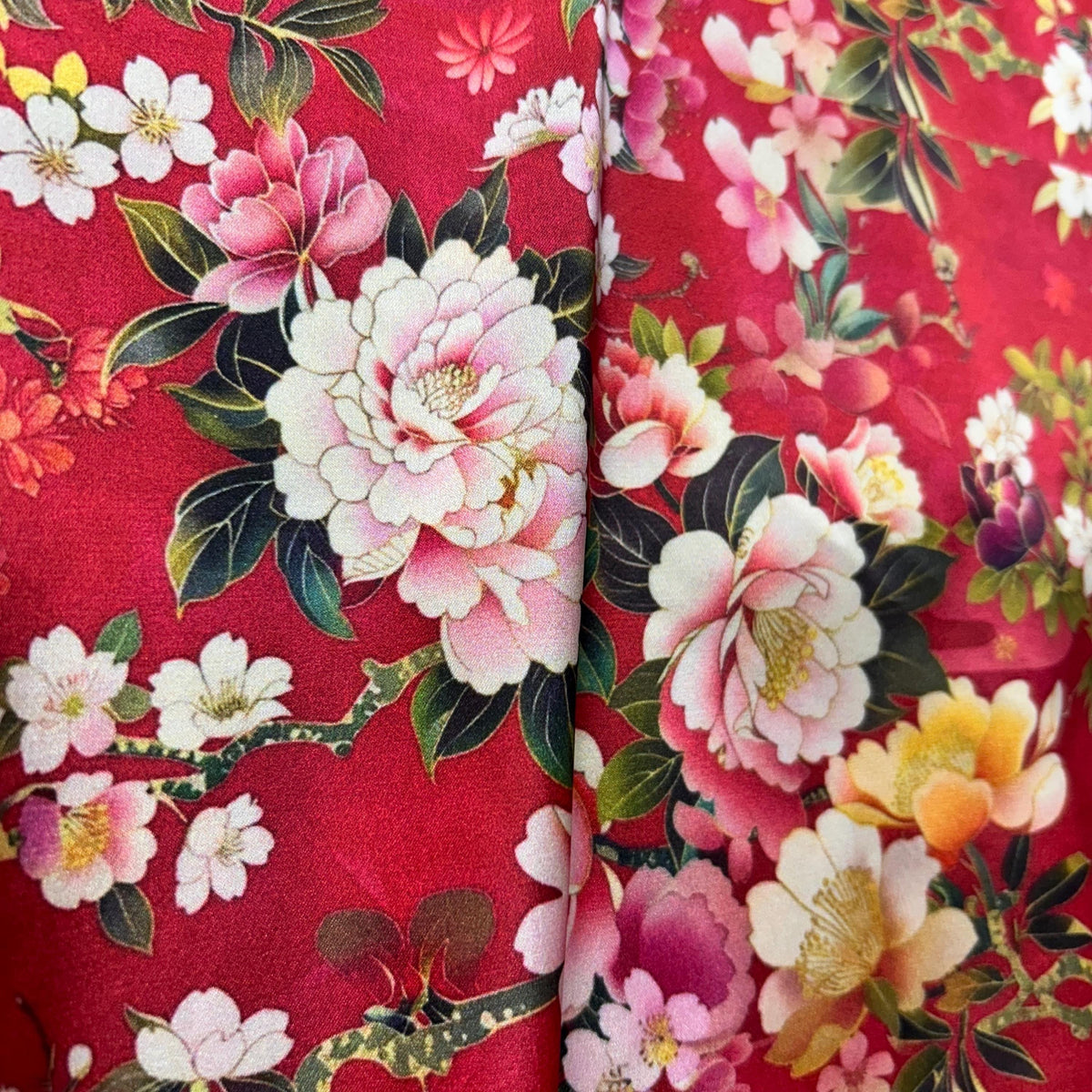 Red peony cherry blossom japanese fabric flat lay view