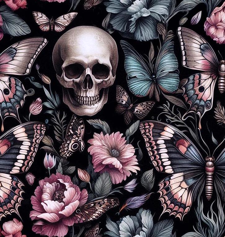 Floral gothic skull fabric close-up texture detail