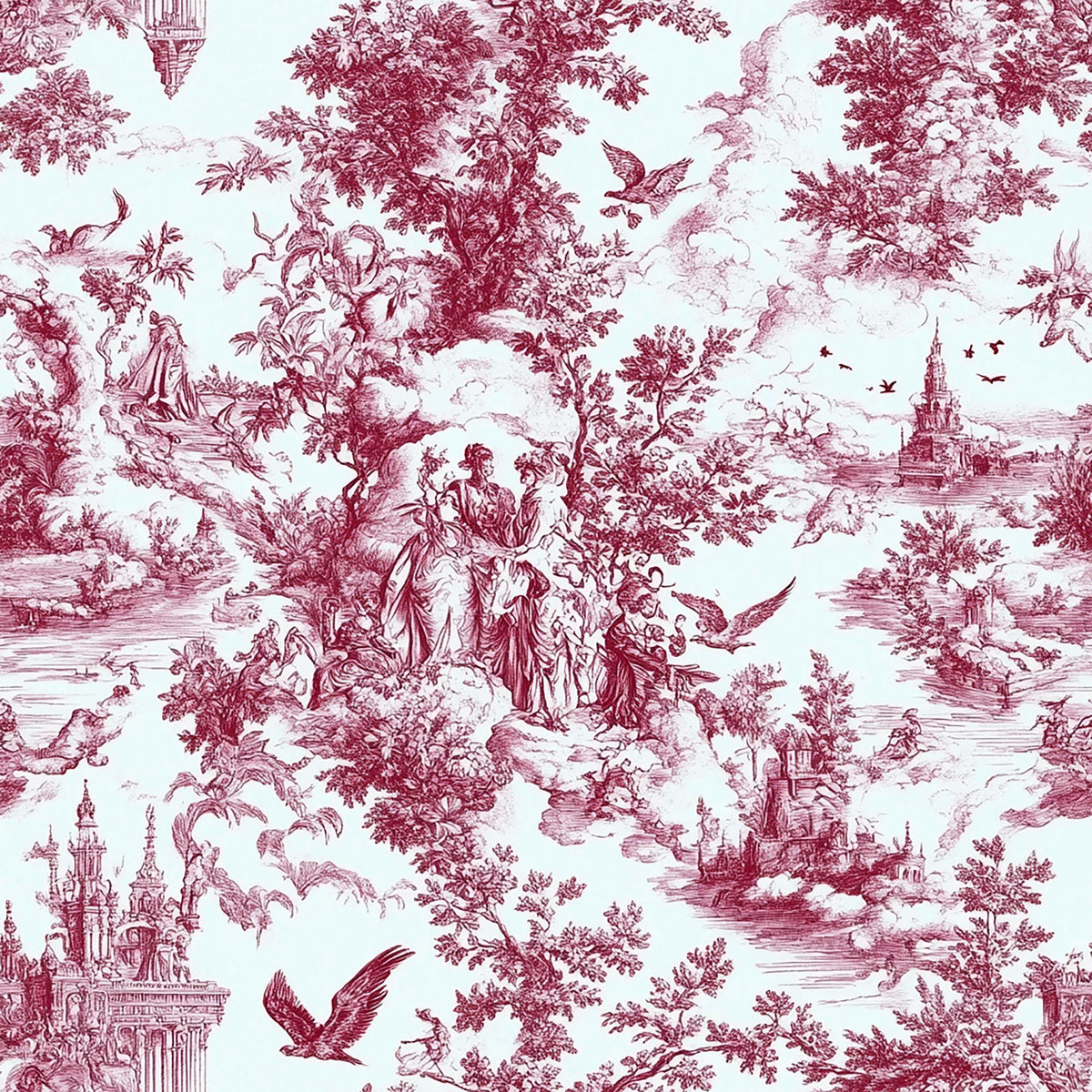 Red french country garden toile fabric