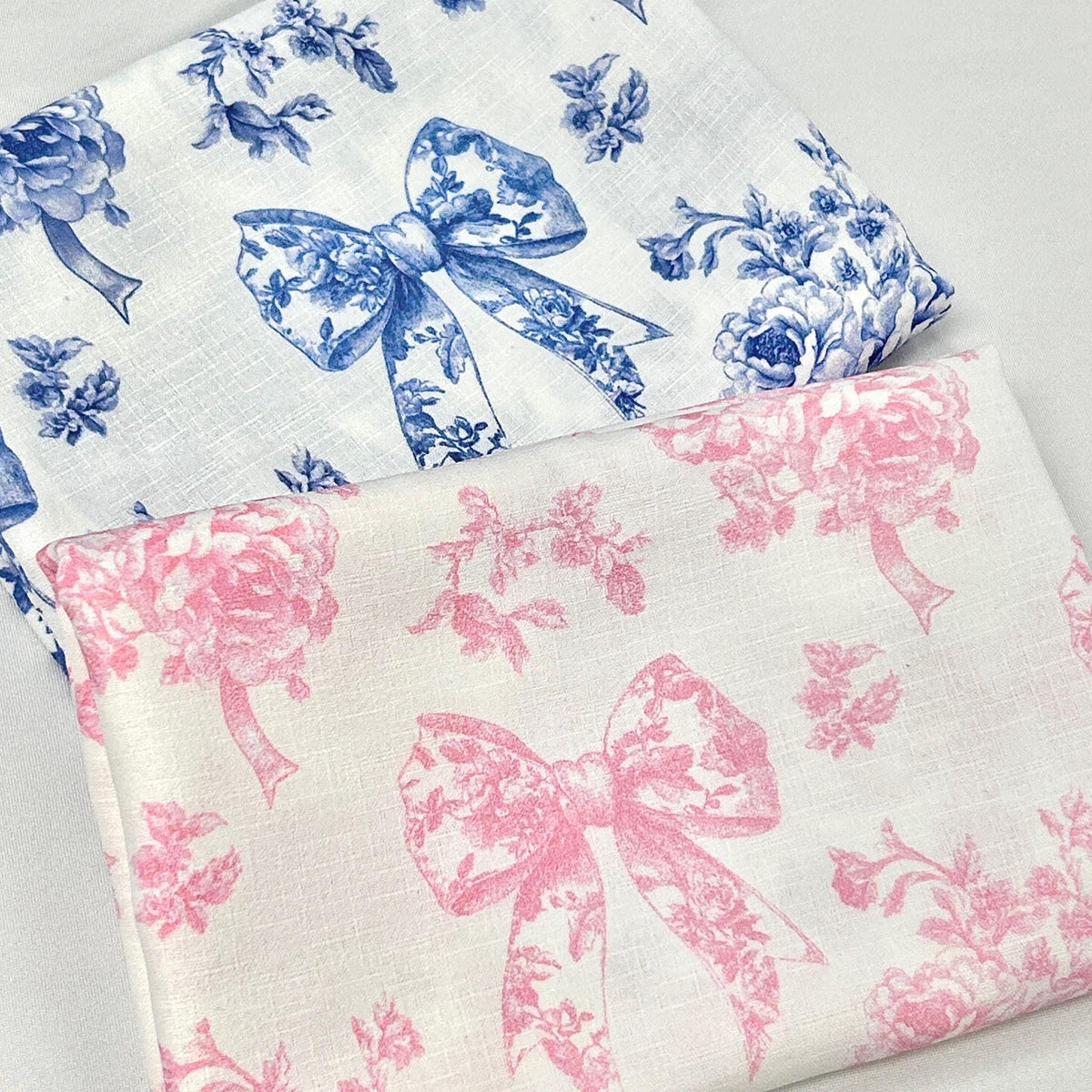 French blue ribbon toile fabric flat lay view