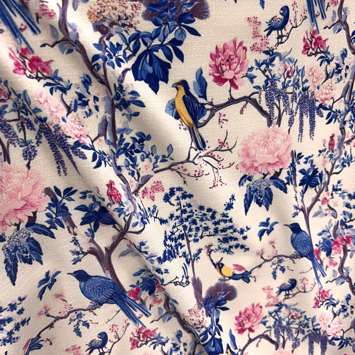 Wisteria bird chinoiserie fabric close-up texture detail
