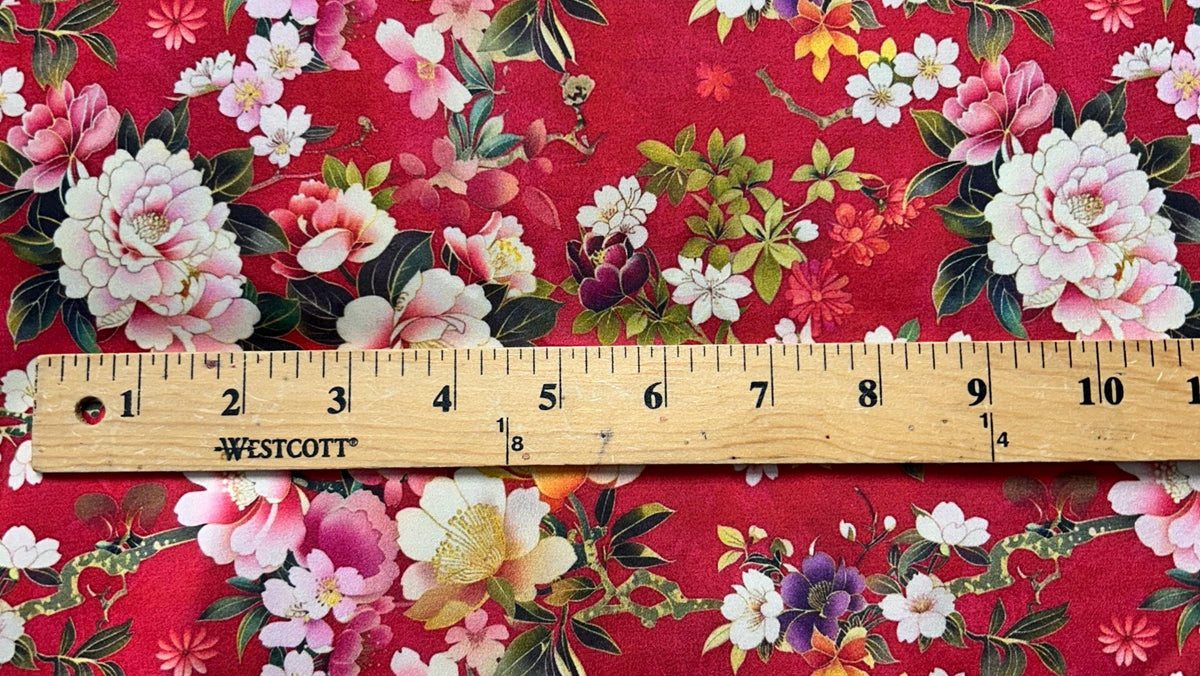 Red peony cherry blossom japanese fabric detail view