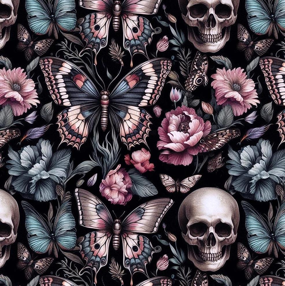 Floral gothic skull fabric