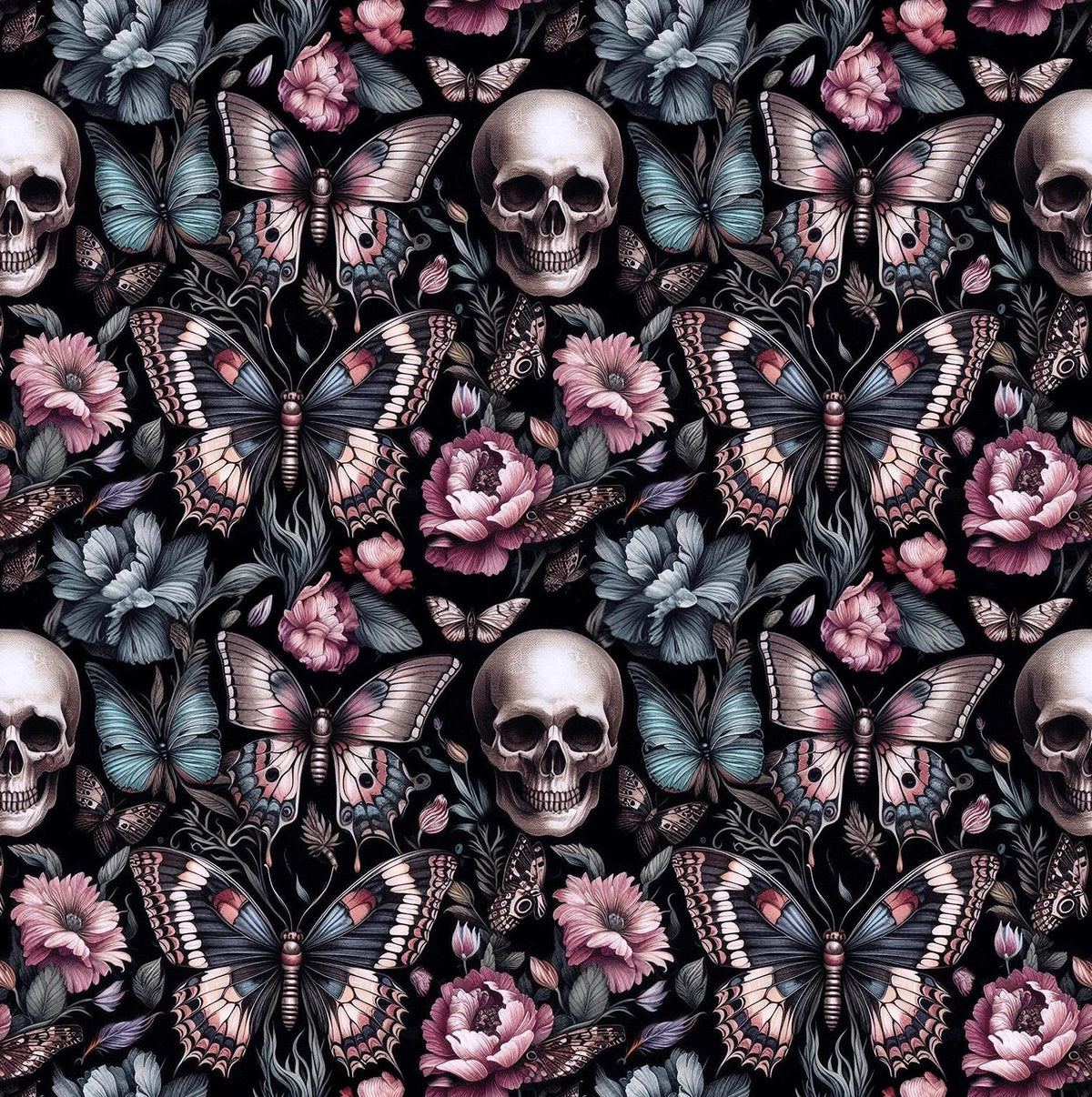 Floral gothic skull fabric draped view