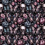 Floral gothic skull fabric draped view