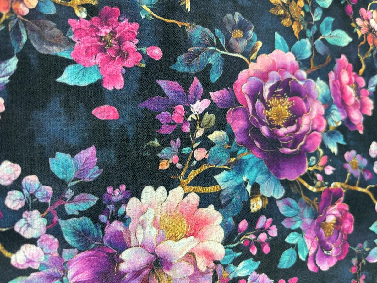 Gothic romance dark floral fabric draped view