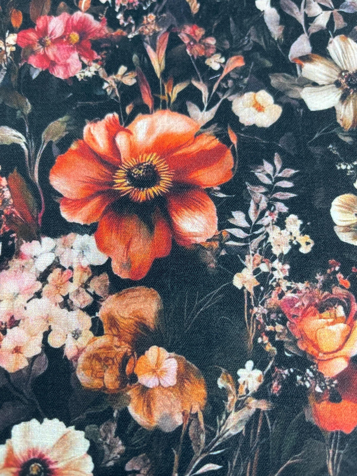 French noir dark floral fabric close-up texture detail