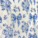 French blue ribbon toile fabric folded view