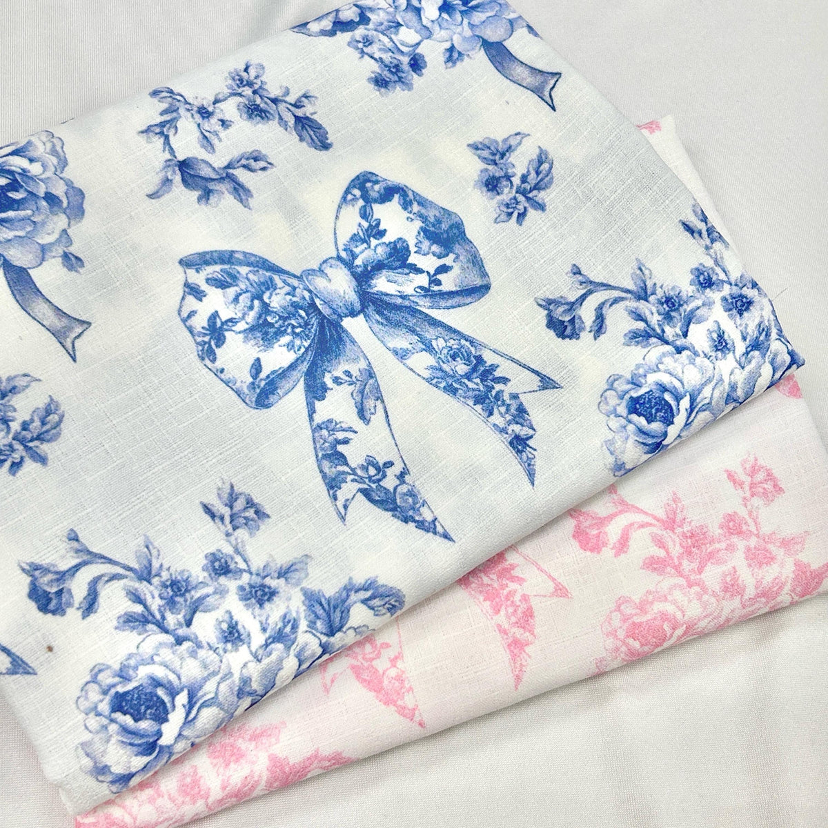 French blue ribbon toile fabric draped view