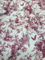 Red french country garden toile fabric flat lay view