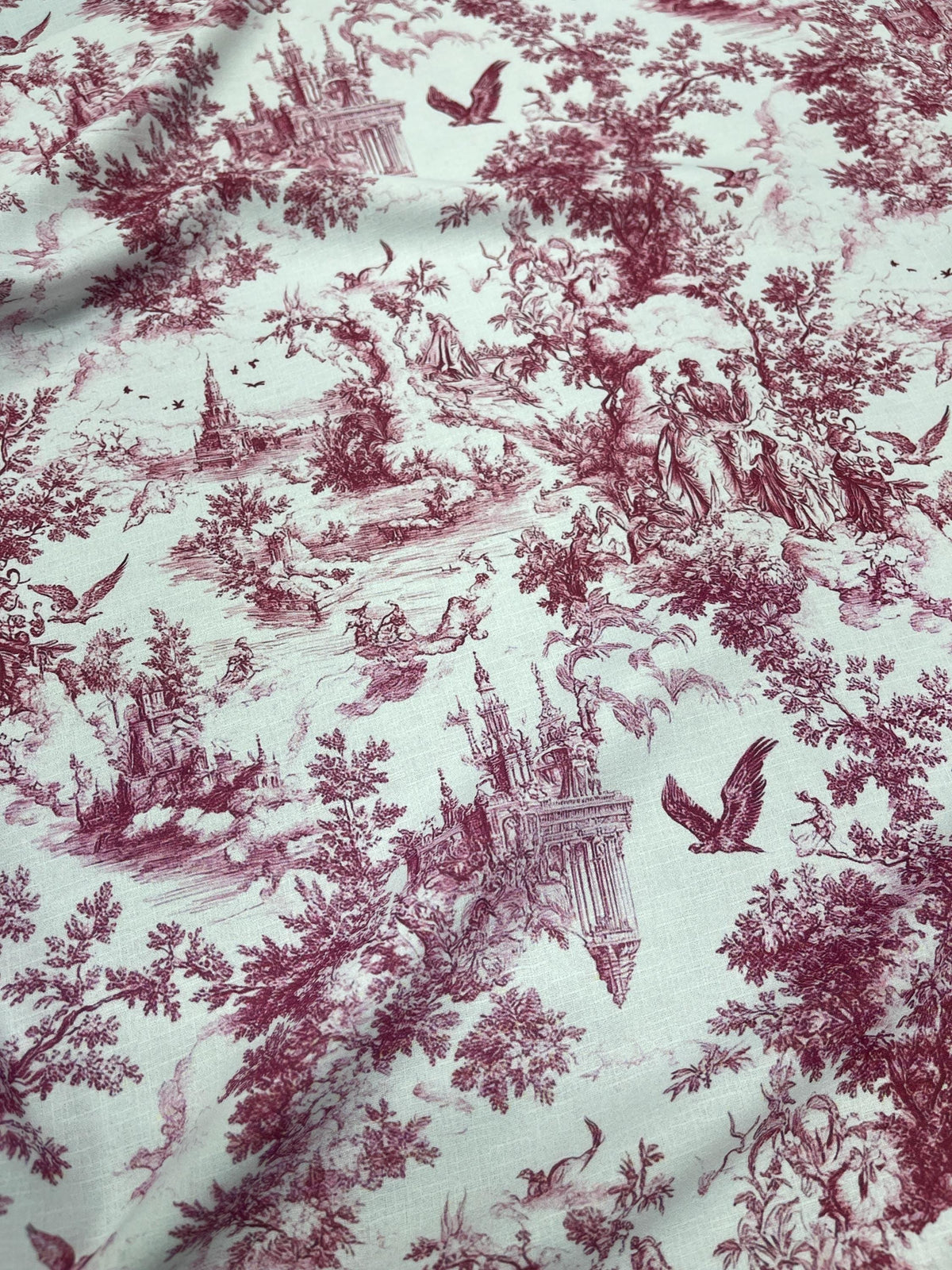 Red french country garden toile fabric flat lay view