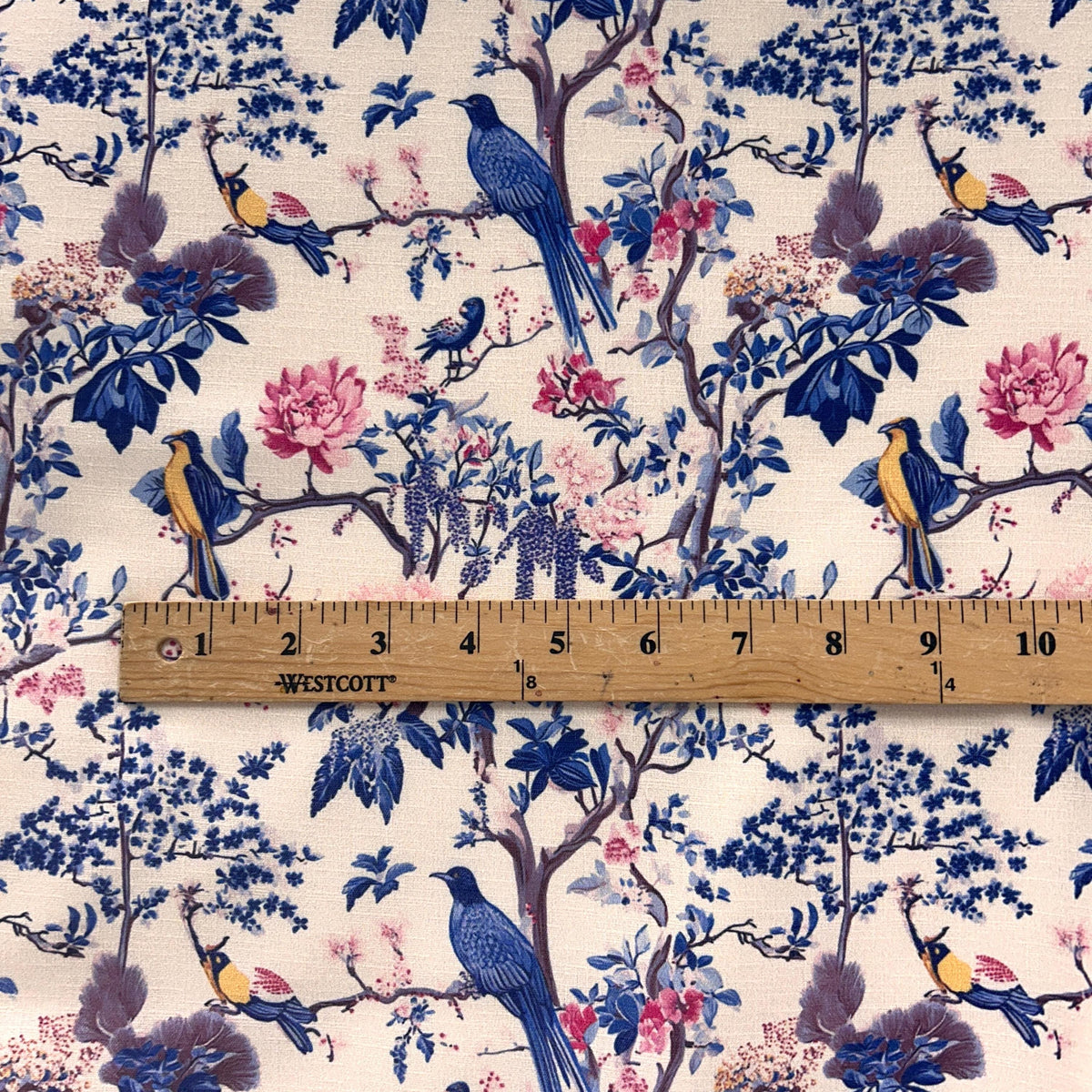 Wisteria bird chinoiserie fabric detail view