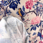 Wisteria bird chinoiserie fabric flat lay view