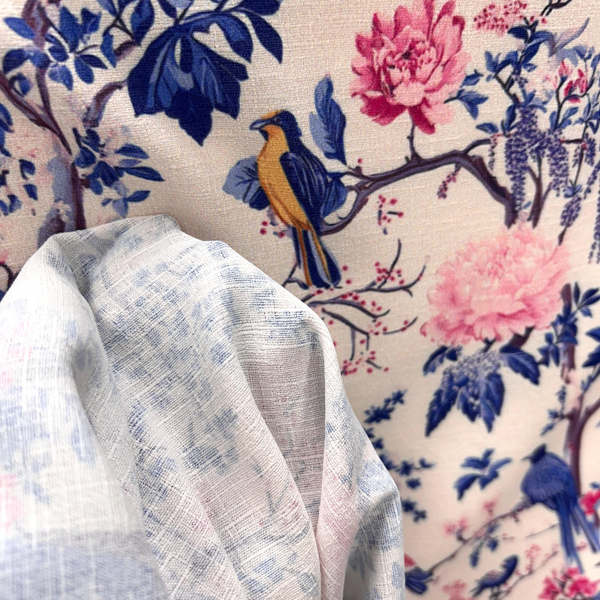Wisteria bird chinoiserie fabric flat lay view