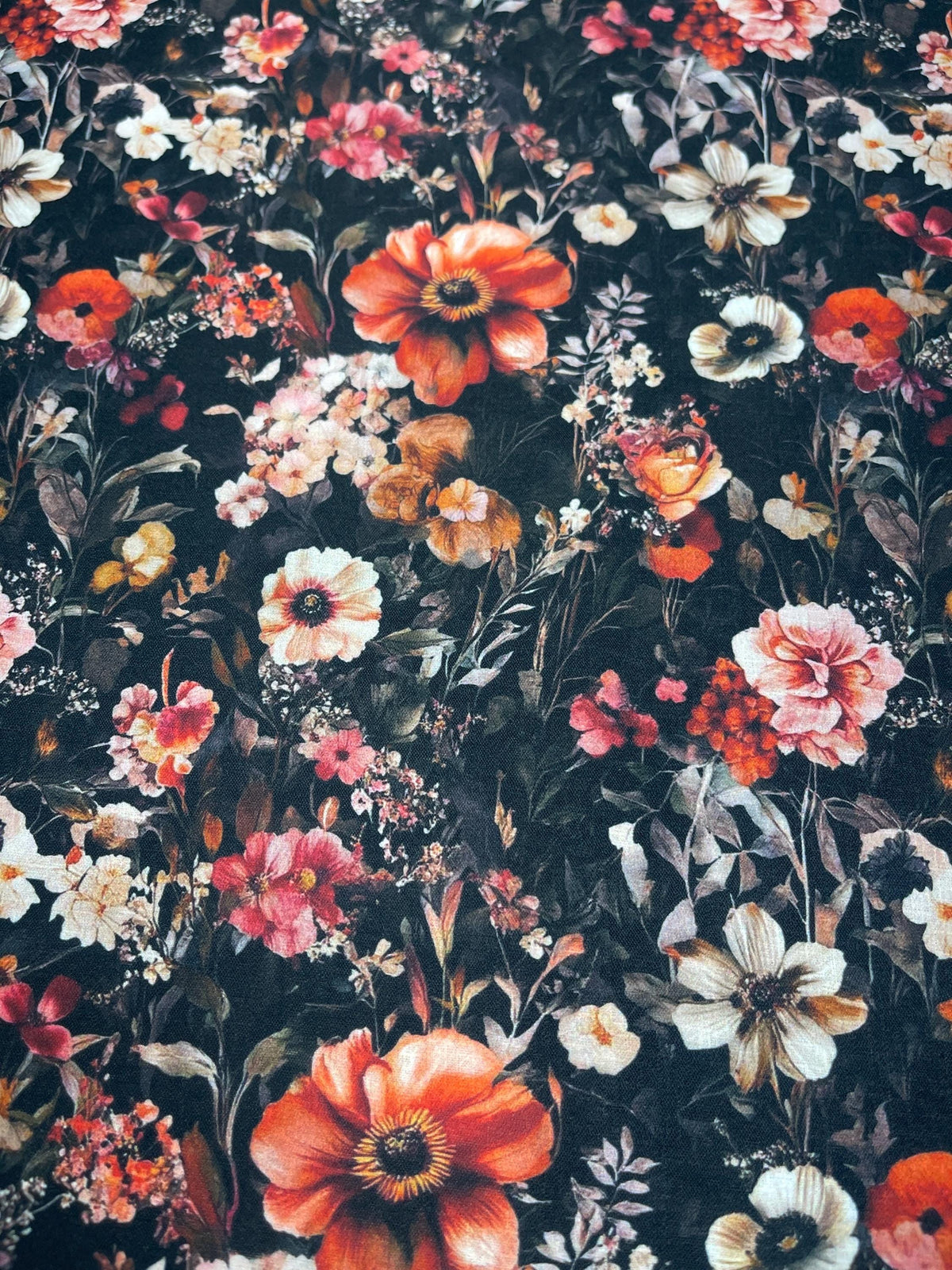 French noir dark floral fabric draped view