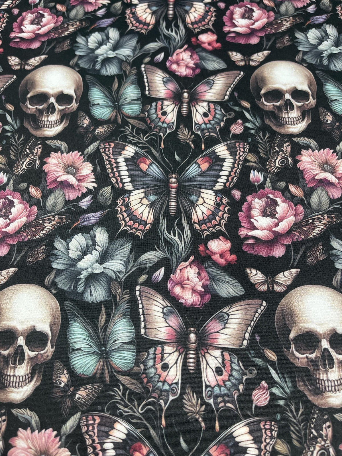 Floral gothic skull fabric folded view