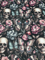 Floral gothic skull fabric folded view