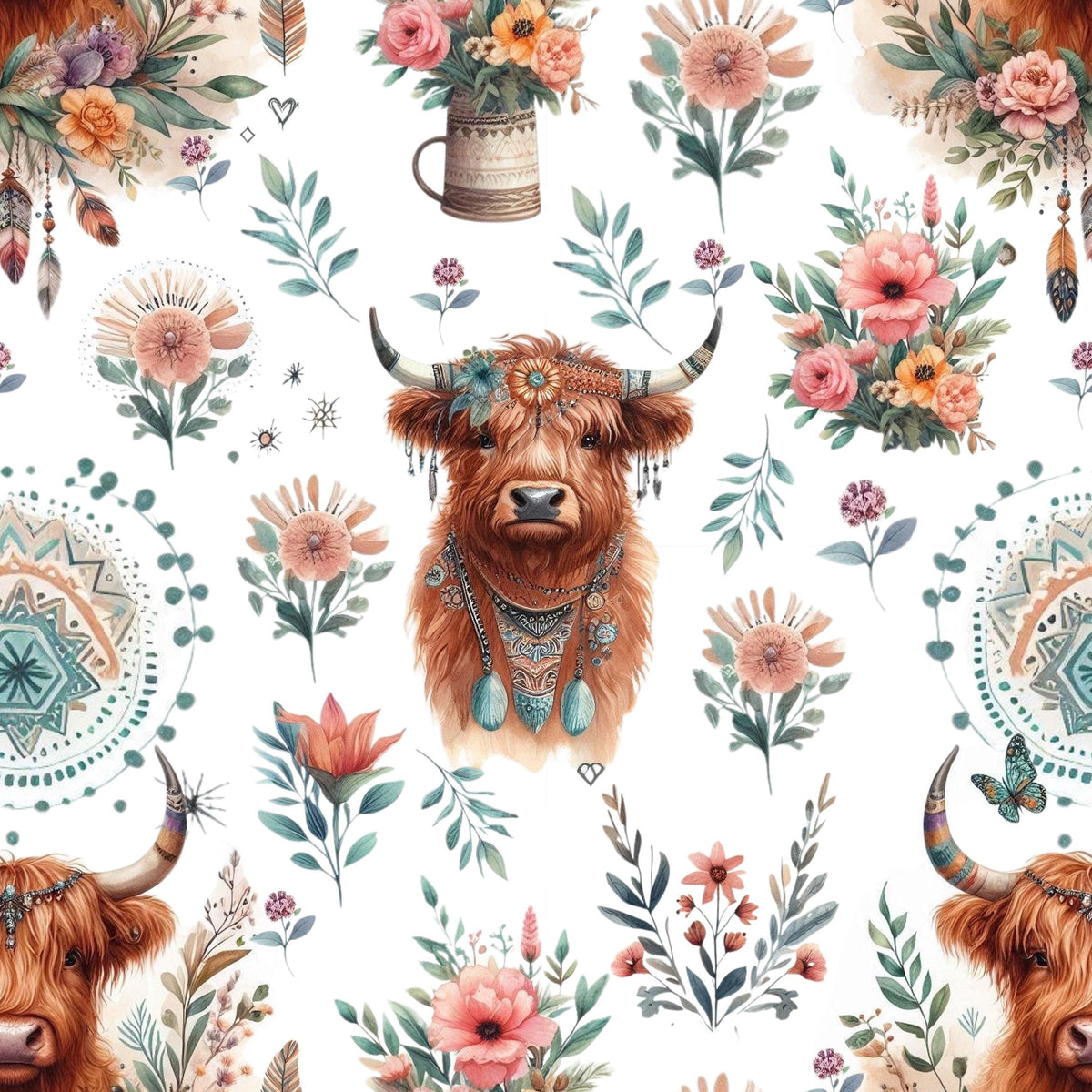 Boho highland cow floral fabric draped view