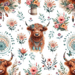 Boho highland cow floral fabric draped view