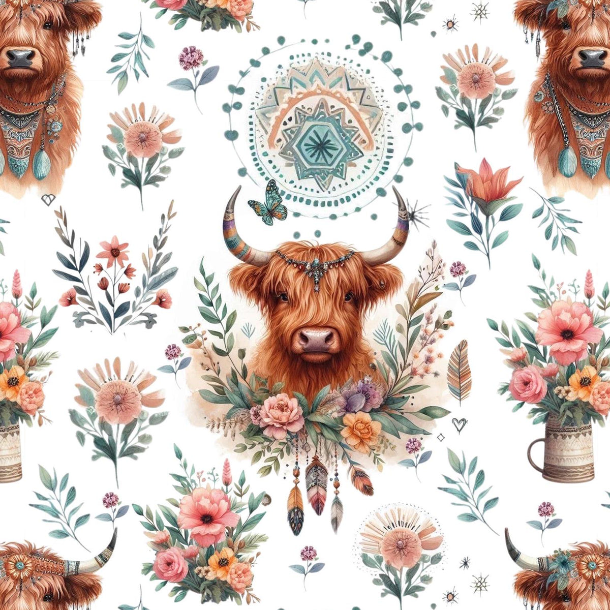 Boho highland cow floral fabric flat lay view