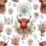 Boho highland cow floral fabric flat lay view