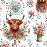 Boho highland cow floral fabric