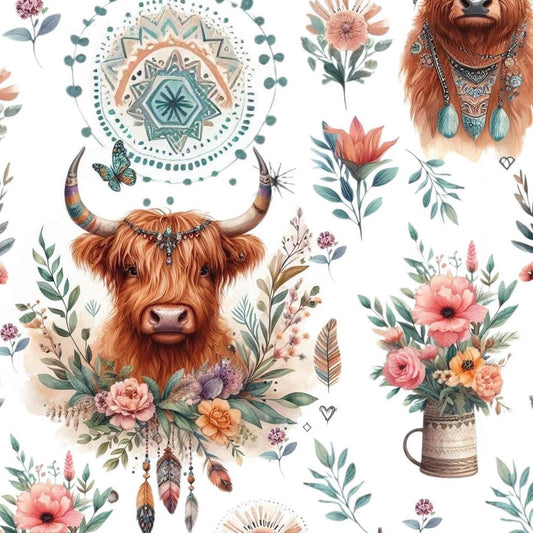 Boho highland cow floral fabric