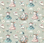 Whimsical bunny fairy nursery fabric close-up texture detail
