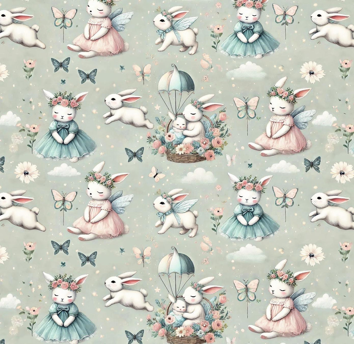 Whimsical bunny fairy nursery fabric close-up texture detail