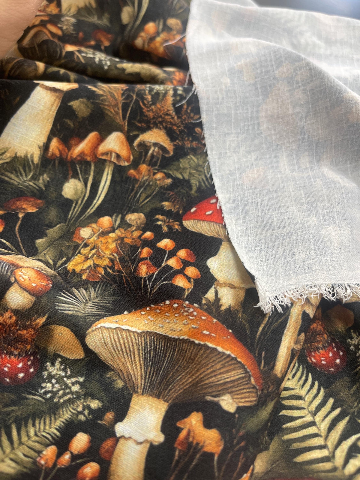 Dark moody mushroom forest fabric draped view