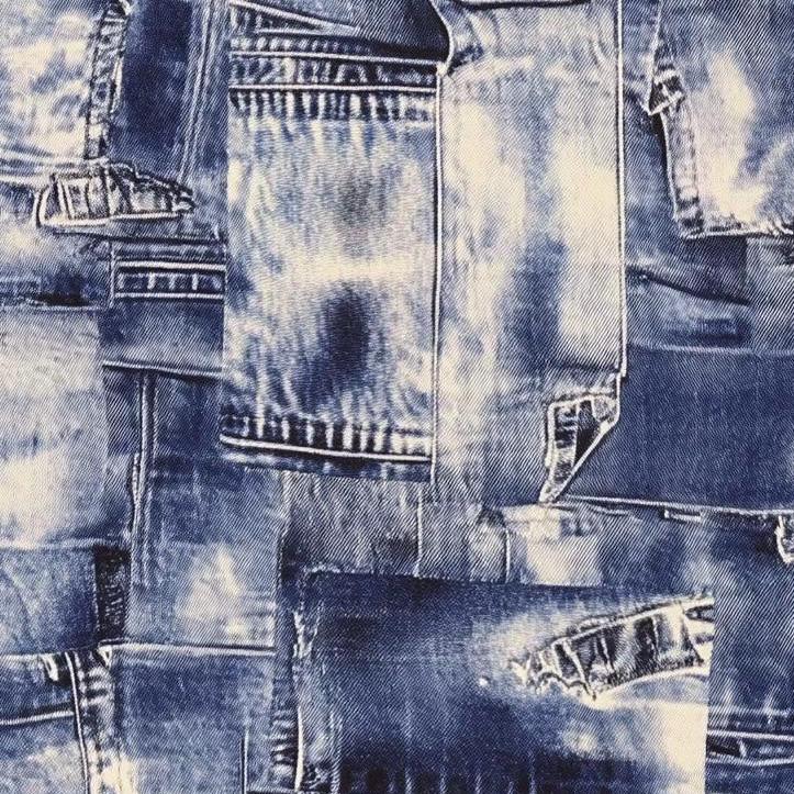 Patchwork denim print fabric close-up texture detail