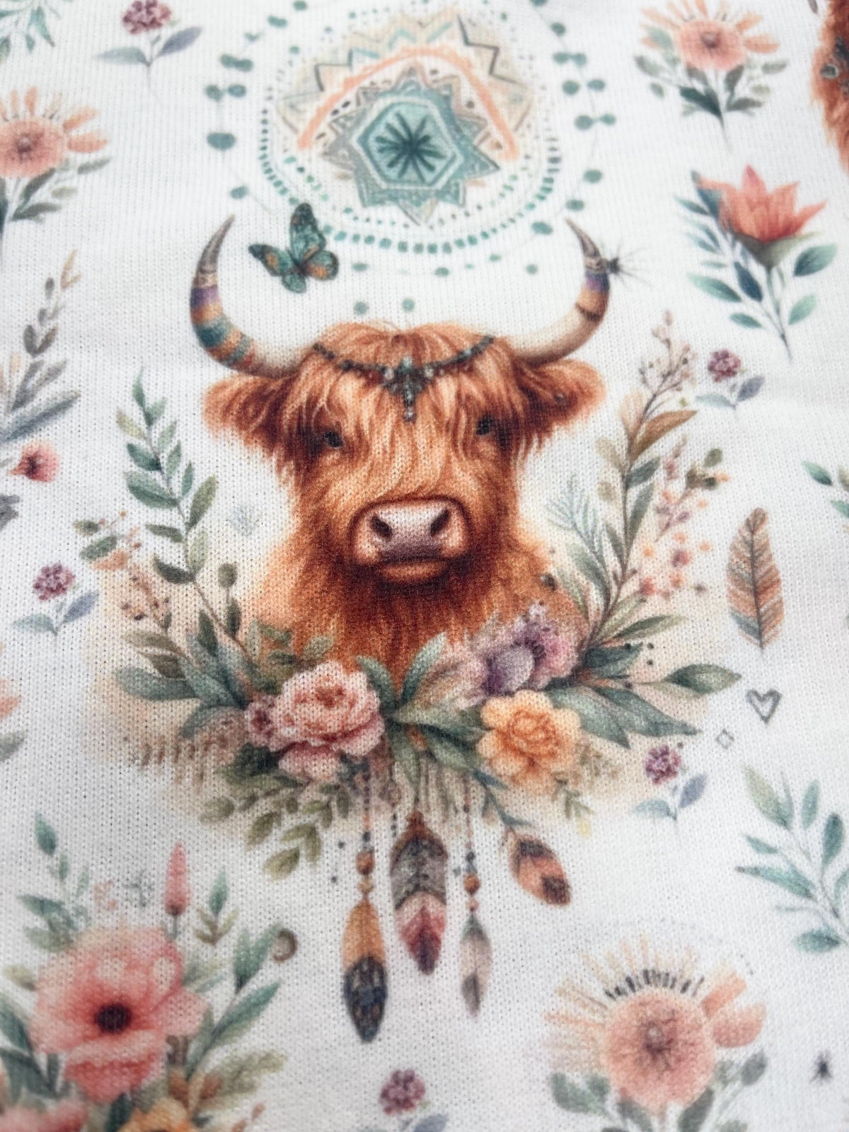 Boho highland cow floral fabric detail view